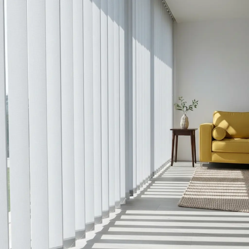 Bandas verticales blancas regulando la luz en un living